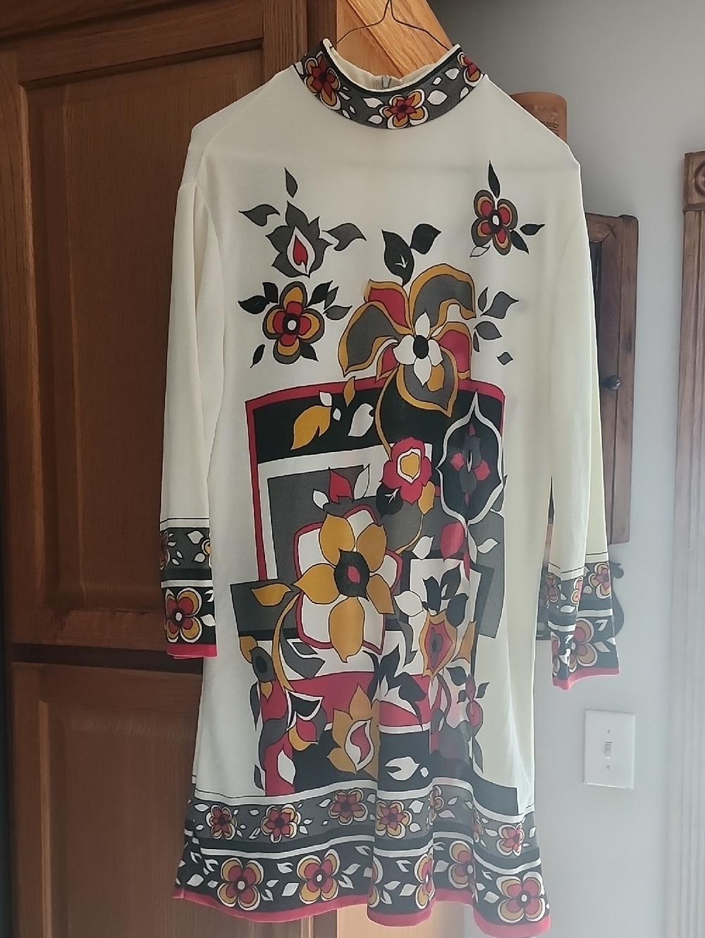 Vtg 70's Fairfield Boho Hippie Printed Floral Long-Sleeve Tunic Dress In Cream